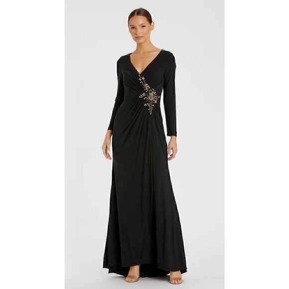 Mac Duggal Faux Wrap Long Gown Womens 10 Embellished Old Hollywood Glam Modest - Picture 1 of 15